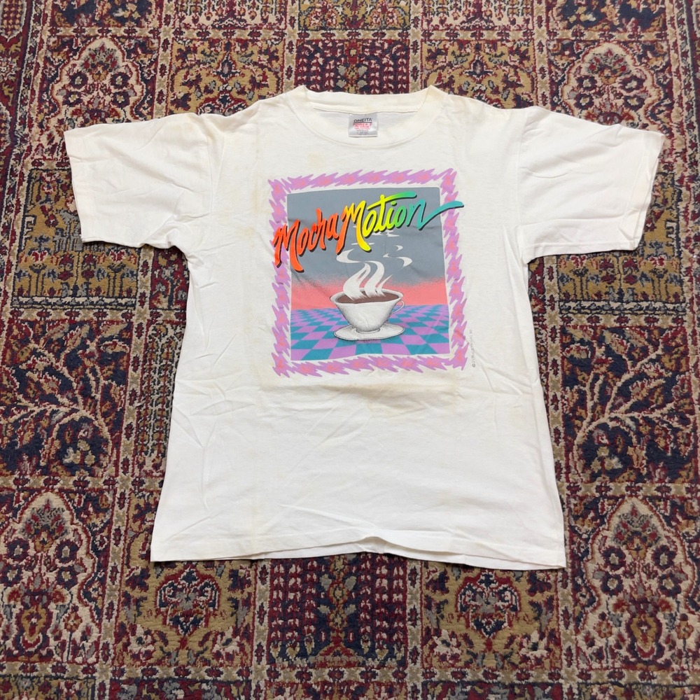 Vintage 1990 Mocha Motion Coffee Graphic T-Shirt Oneita Power-T USA Made White L